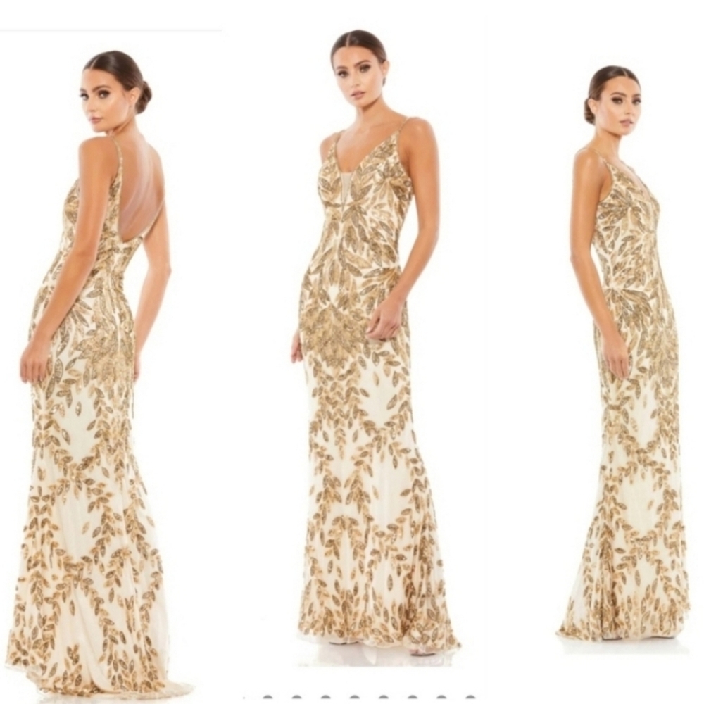 Mac Duggal Embellished Leaf Gown in Gold 12 NWT